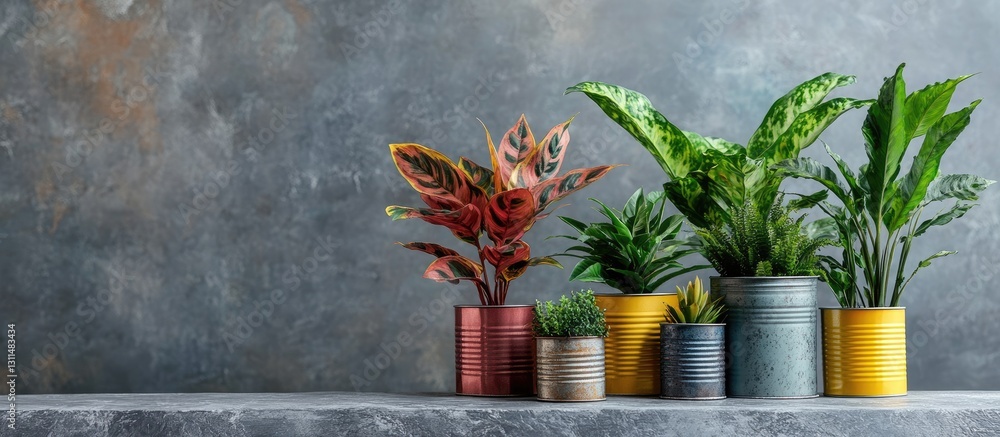Poster vibrant houseplants in colorful tin cans on a textured grey stone table with ample space for text sh