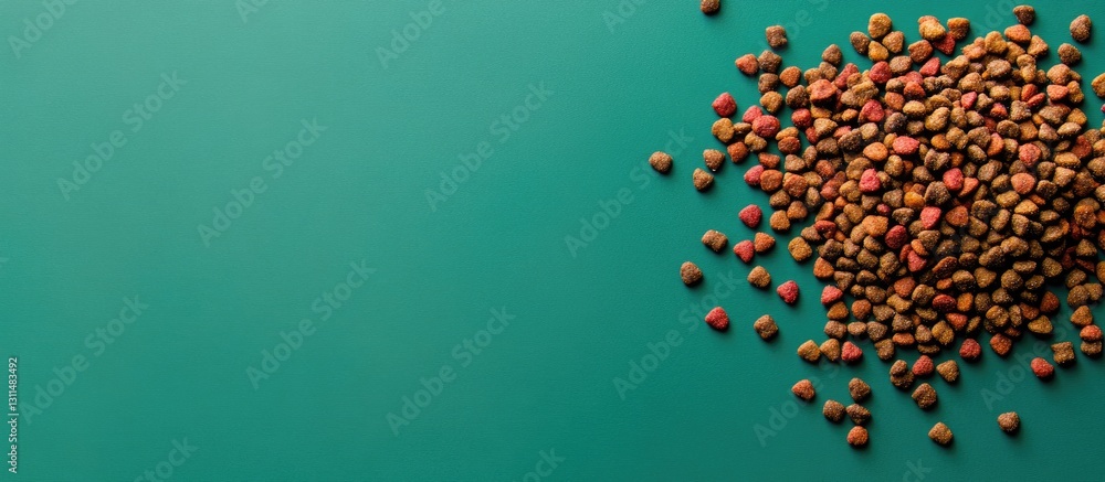 Poster cat food scattered on teal green background with various colors of kibble, studio setting showcasing