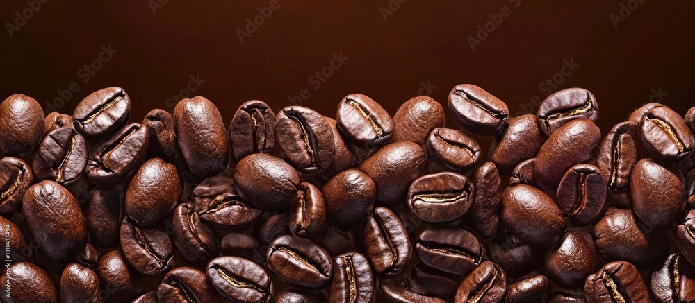 Poster Rich dark brown backdrop featuring a textured layer of roasted coffee beans, prominently displayed in the foreground with a glossy finish.