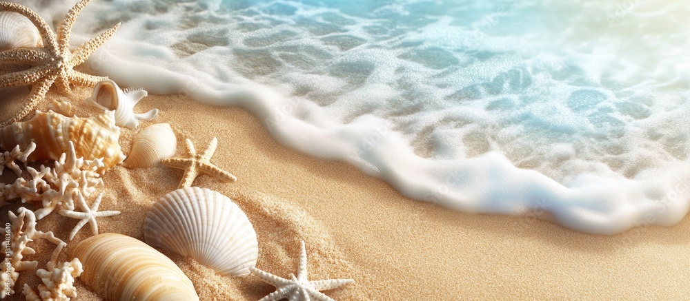 Aufkleber Serene beach scene with soft waves lapping sandy shore adorned with starfish and various shells in natural beige and soft blue tones.