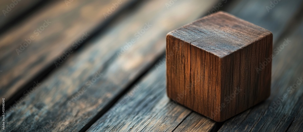 Poster wooden block with rich brown tones positioned at the bottom right on a weathered wooden surface, sho