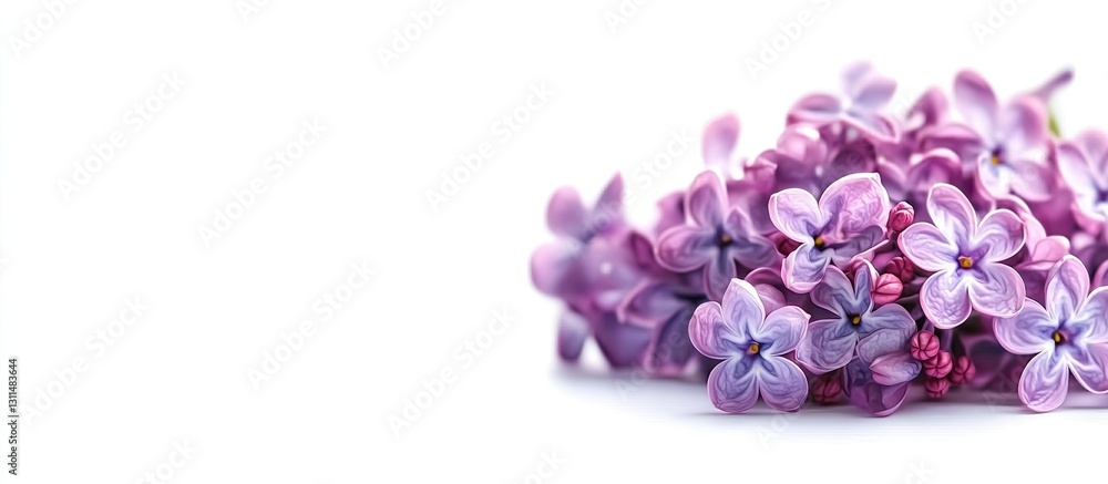 Aufkleber lilac flowers in various shades of purple arranged elegantly on the left side against a clean white 