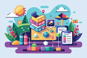 Naklejka premium A lively workspace illustrates customizable designs with colorful graphics and creative organization tools, Publish article Customizable Flat Illustration