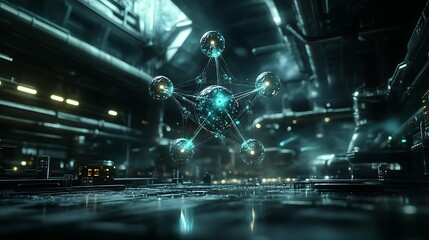 Obraz premium Futuristic molecular structure in a dark, industrial setting. Possible use Stock photo for science fiction, technology, or abstract design