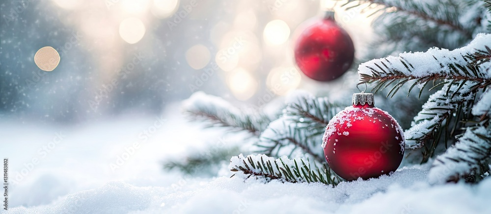 Poster red christmas ornaments dangling from snow-dusted evergreen branches on a soft white snow blanket wi