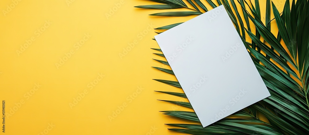 Poster blank sheet of paper on a large green parlor palm leaf, set against a vibrant yellow background, top
