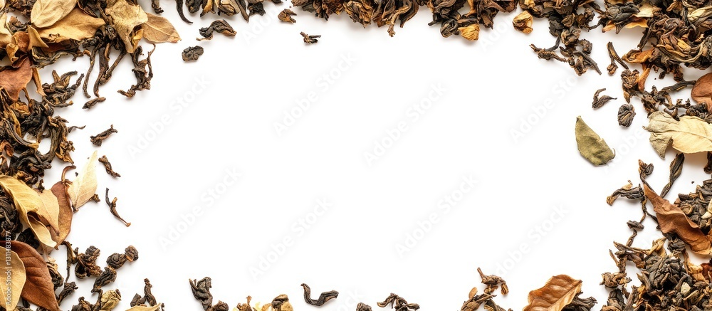 Aufkleber Dried tea leaves forming a textured border on a bright white background from a top view creating a natural frame for text or messages.