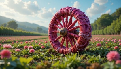 Pink Wheel in a Vibrant Flower Field Idyllic Spring Landscape