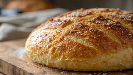 Artisan sourdough bread loaf with a pronounced crust, showcased on a wooden board with flour, presenting a delicious and authentic bakery product image