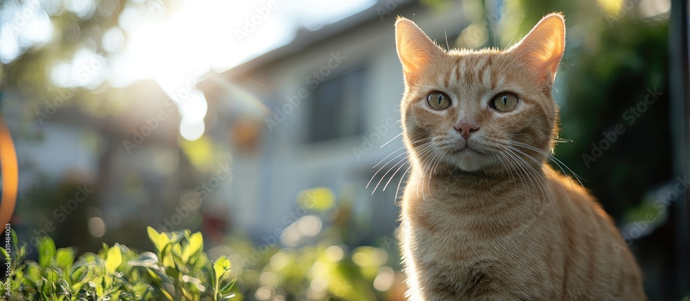 Poster Orange tabby cat in sharp focus surrounded by green foliage and sunlight in the background creating a tranquil outdoor scene.