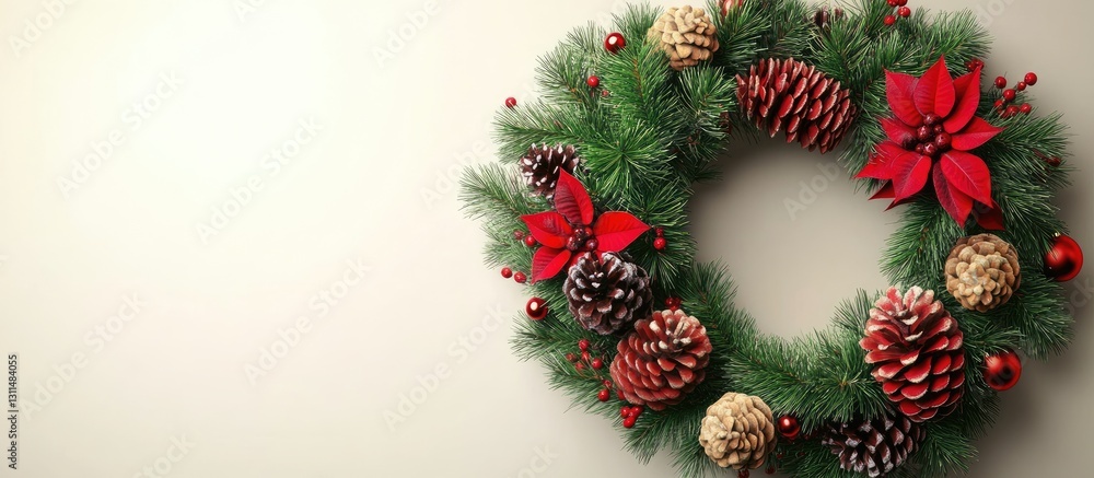 Poster christmas wreath adorned with red flowers and pine cones set against a neutral background with ample