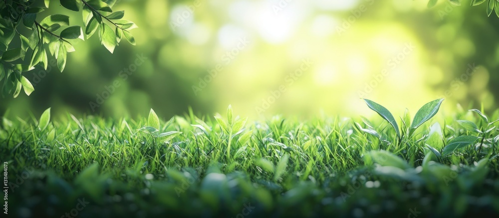 Poster lush green grass backdrop with vibrant leaves framing the image, soft sunlight creating a tranquil n