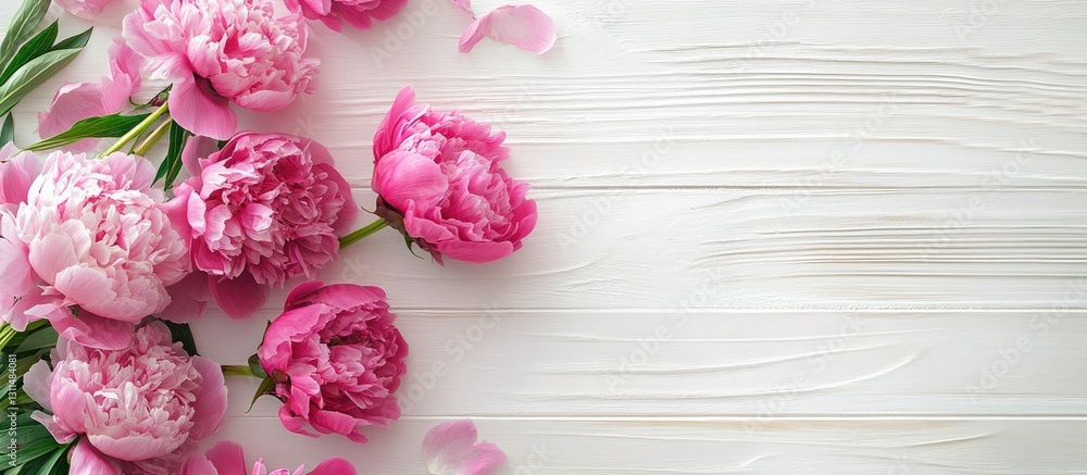 Aufkleber Pink peonies arranged on textured white wooden planks with empty space on the right for text top view flat lay composition