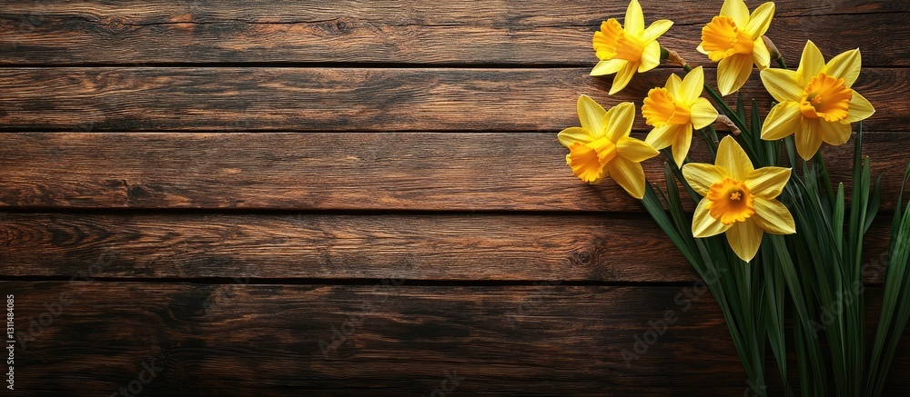 Poster Vibrant yellow daffodils arranged on the right against a rustic wooden background creating a bright elegant space for text on the left side