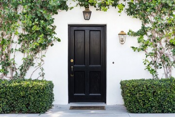 Elegant black door framed by lush green plants in a sunny suburban neighborhood, inviting visitors with its warmth and charm during a clear day