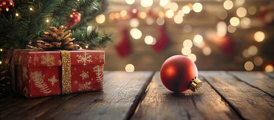 Red Christmas ball beside a beautifully wrapped gift box on a rustic wooden table with warm bokeh lights and green pine branches in the background.