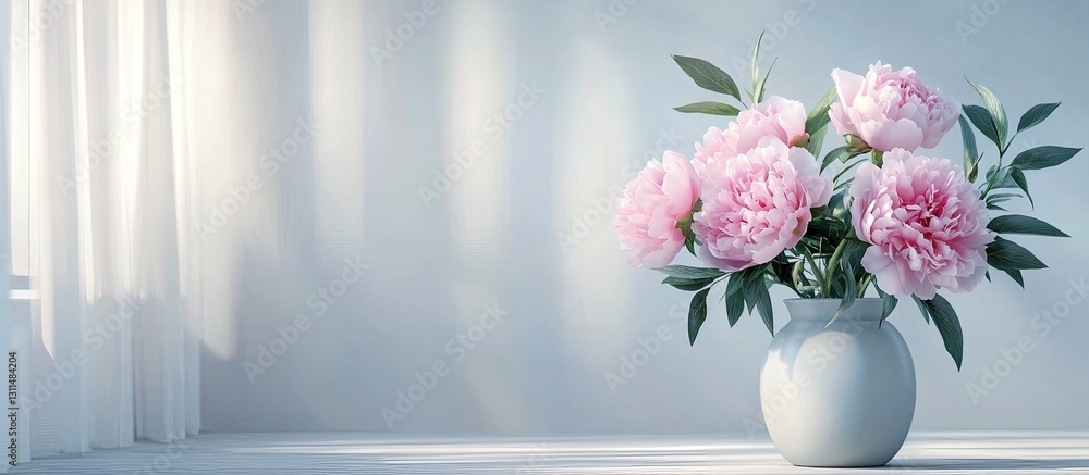 Poster elegant arrangement of soft pink peonies in a white vase on a minimalistic background with gentle li