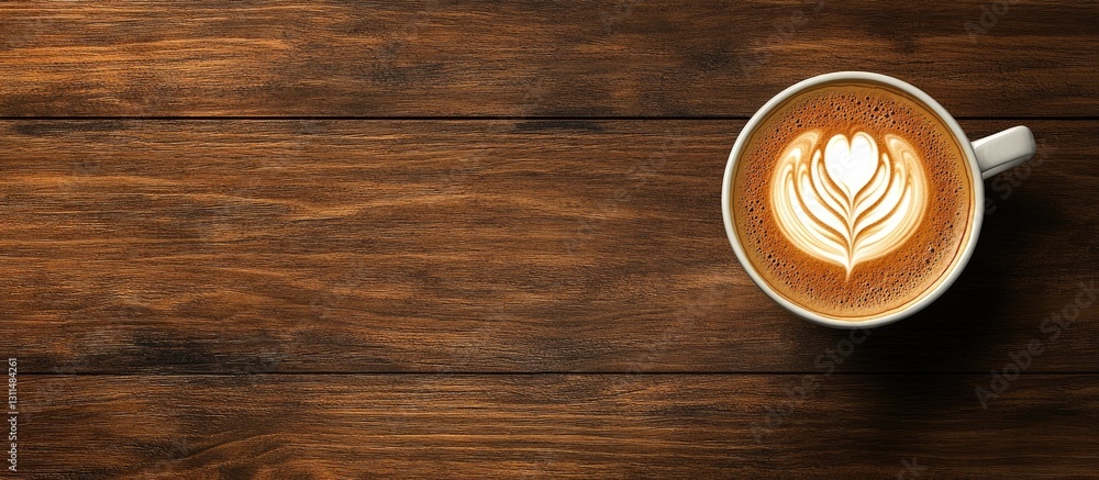 Poster Aerial view of a creamy latte with heart art placed in a white cup on a rustic wooden table with dark brown tones and ample copy space on the left