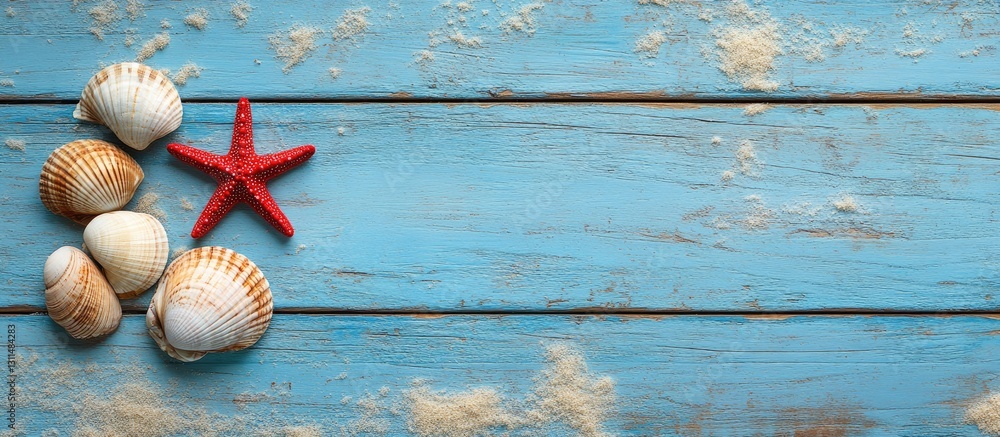 Poster summer beach backdrop with scattered sea shells and a red starfish on blue wooden planks with sandy 