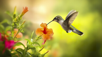 Fototapeta premium Hummingbird hovering near vibrant flowers in garden