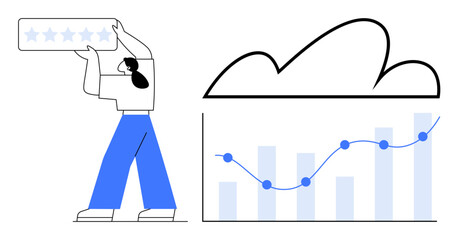 Individual raising a star rating panel, growth chart with bar and line trends, cloud overhead. Ideal for performance, customer satisfaction, analytics, cloud data, feedback, progress evaluation