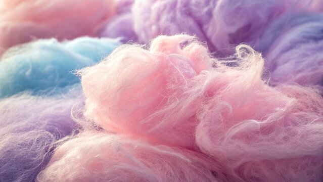 Delicate pastel pink and blue cotton candy, macro detail shot, emphasizing the fine spun sugar threads and light, ethereal texture of the sweet confection