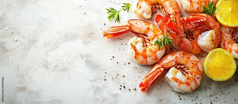 Poster Succulent shrimp arranged on a light gray surface with lemon slices and fresh herbs on the left side create a vibrant and appetizing seafood display
