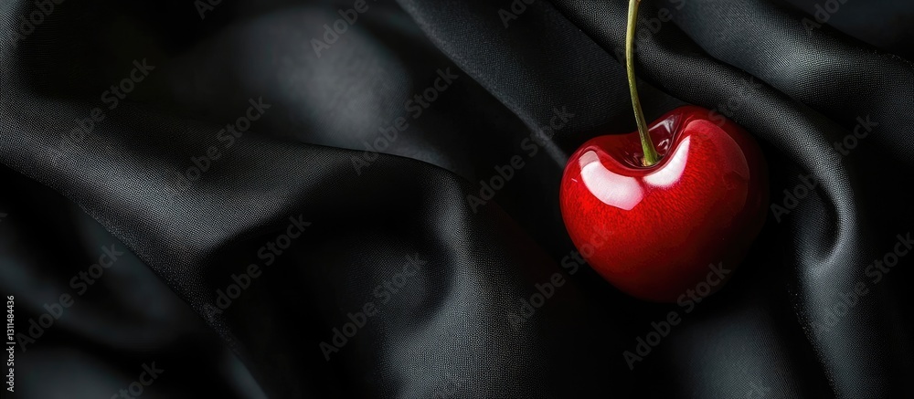 Aufkleber close up of a vibrant red cherry resting on soft black fabric with elegant folds showcasing a striki