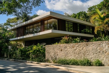 Fototapeta premium Contemporary architectural design beautifully highlights the integration of glass and stone elements, all set against the backdrop of a vibrant tropical landscape under a bright, sunny sky