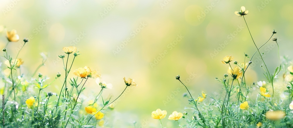 Aufkleber delicate floral scene featuring yellow flowers amidst soft green grass blurred in the background wit