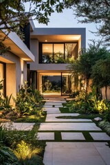 Fototapeta premium Modern architectural design of a serene pathway leading to a contemporary home illuminated by soft outdoor lighting at twilight surrounded by lush greenery