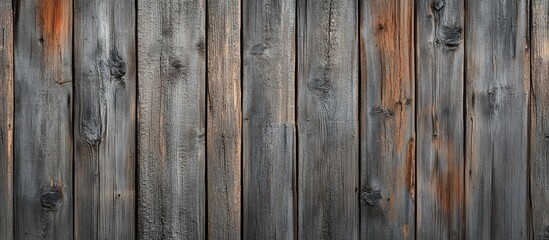 Fototapeta premium Weathered wooden planks in shades of brown and gray arranged vertically, showcasing a rustic texture with knots and grain variations.