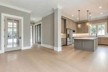 Fototapeta premium Modern kitchen with open layout features elegant pendant lights, spacious countertops, and large windows allowing natural light, located in a newly built home