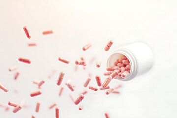 A bottle of pills is falling out of a bottle and scattering on the ground. The pills are pink and appear to be vitamin pills