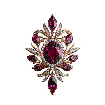 Elegant vintage brooch with ruby gemstones and intricate details.