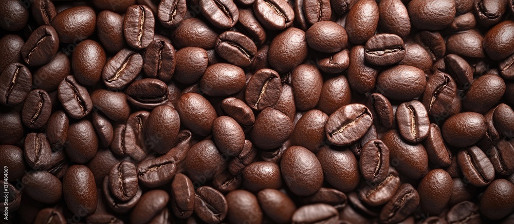 Poster close-up of dark roasted glossy coffee beans scattered on a textured surface, showcasing rich brown 