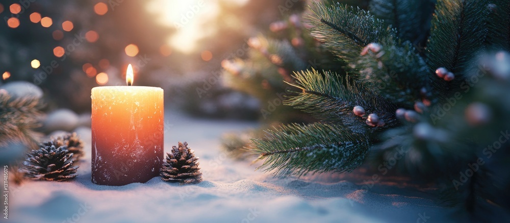 Poster Candle glowing warmly on snow with fir tree branches and pine cones in soft focus background creating a cozy Christmas atmosphere