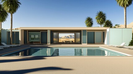 Fototapeta premium Minimalist architecture with a symmetrical design, featuring a pool outside the house set in a desert landscape. Geometric shapes, art deco style, and a blue-green color scheme with palm trees.