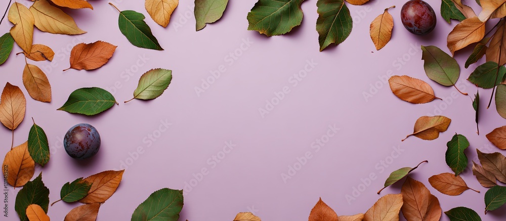 Poster Autumn leaves in green and brown arranged on light purple backdrop with plums creating a flat lay composition showcasing ample copy space.