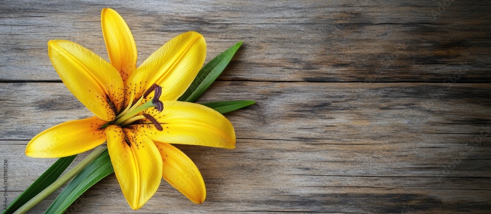 Poster yellow lily flower elegantly placed on rustic wooden background with green leaves, showcasing minima