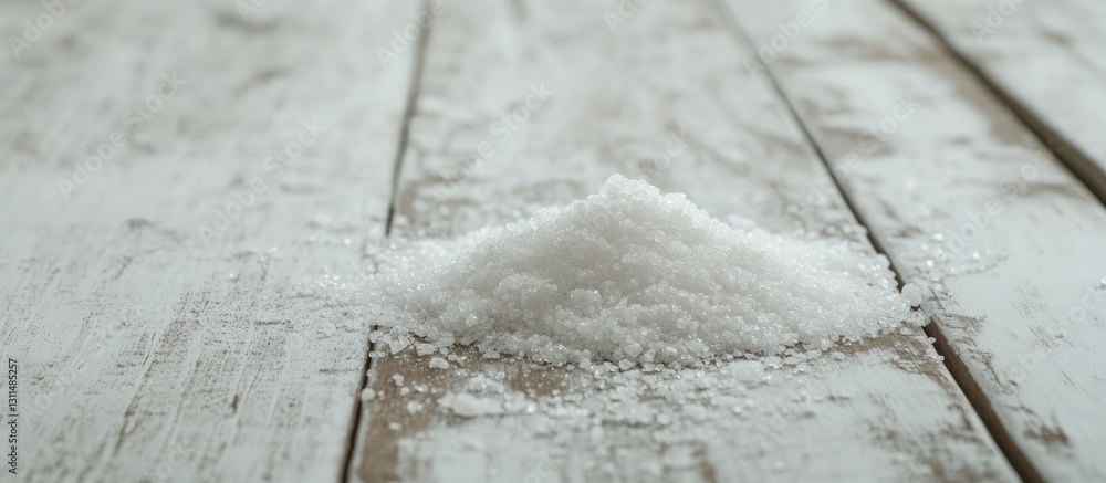 Poster white granulated sugar mound on a rustic white wooden table with worn texture showcasing soft natura