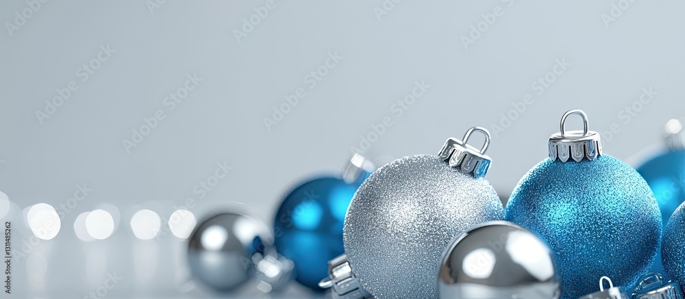 Poster Blue and silver Christmas ornaments in various sizes scattered in the foreground with a soft grey background and blurred sparkling lights on the top left.