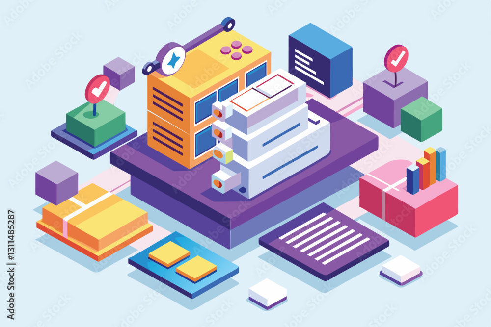 Poster a vibrant illustration showcasing a pull request workflow with various customizable tech components,