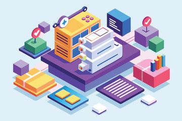 A vibrant illustration showcasing a pull request workflow with various customizable tech components, Pull request Customizable Isometric Illustration
