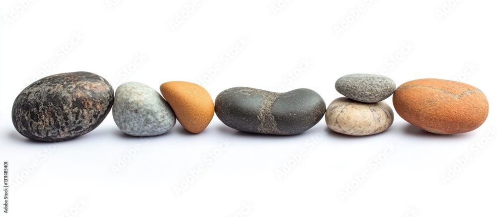 Poster pebbles of various colors including gray, brown, and orange arranged in a line on a smooth white bac