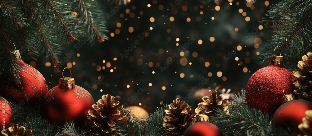 Aufkleber christmas backdrop with lush green pine branches adorned with red ornaments and golden lights, creat
