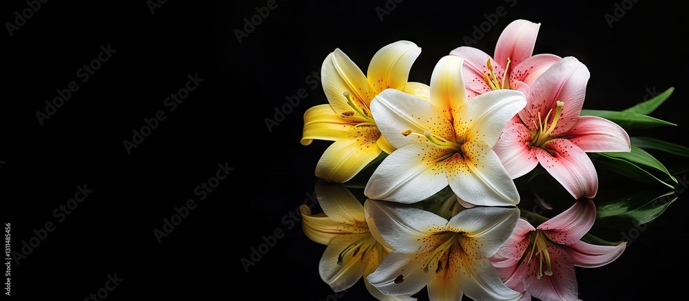 Poster stunning white yellow and pink lilies arranged in a cluster against a sleek black background with a 