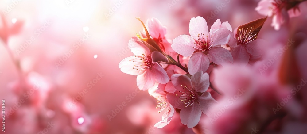 Poster delicate pink cherry blossoms in soft focus with a warm, glowing light in the background creating a 
