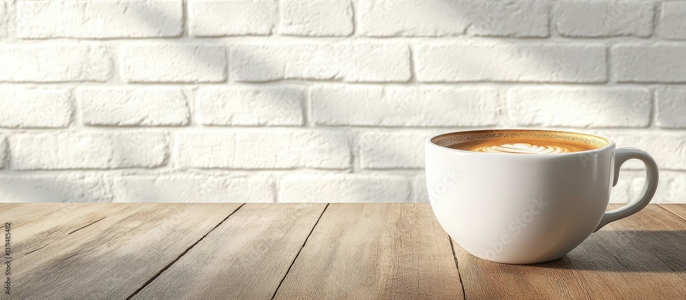 Poster a white coffee cup with latte art on a rustic wooden table against a textured white brick wall creat