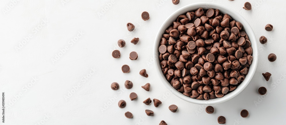Poster chocolate chip morsels in a white bowl on a light surface surrounded by scattered chocolate chips in